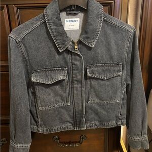 Old Navy Charcoal Washed Denim Zip-Front Crop Jacket